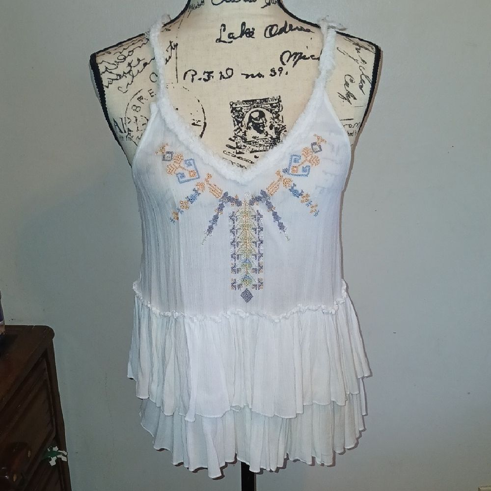 FREE PEOPLE Embroidered White Sleeveless Tiered Boho Top Small